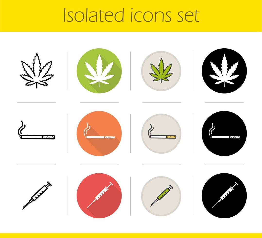 dåliga vanor ikoner set. platt design, linjär, svart och färgstilar. marijuana blad, cigarett med rök, spruta. droger och rökberoende. isolerade vektorillustrationer vektor