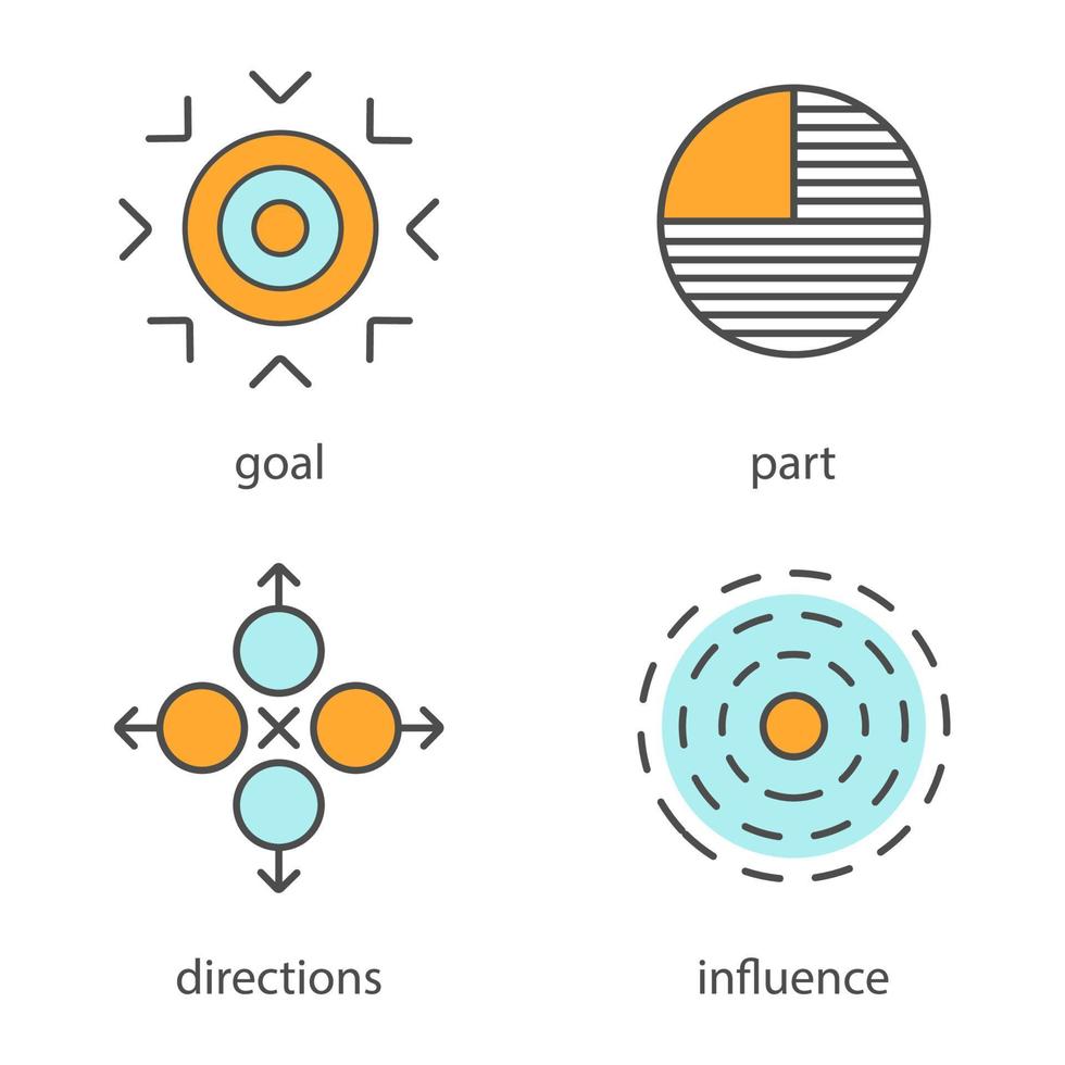 abstrakte Symbole Farbsymbole gesetzt. Ziel, Teil, Richtungen, Einfluss. isolierte vektorillustrationen vektor