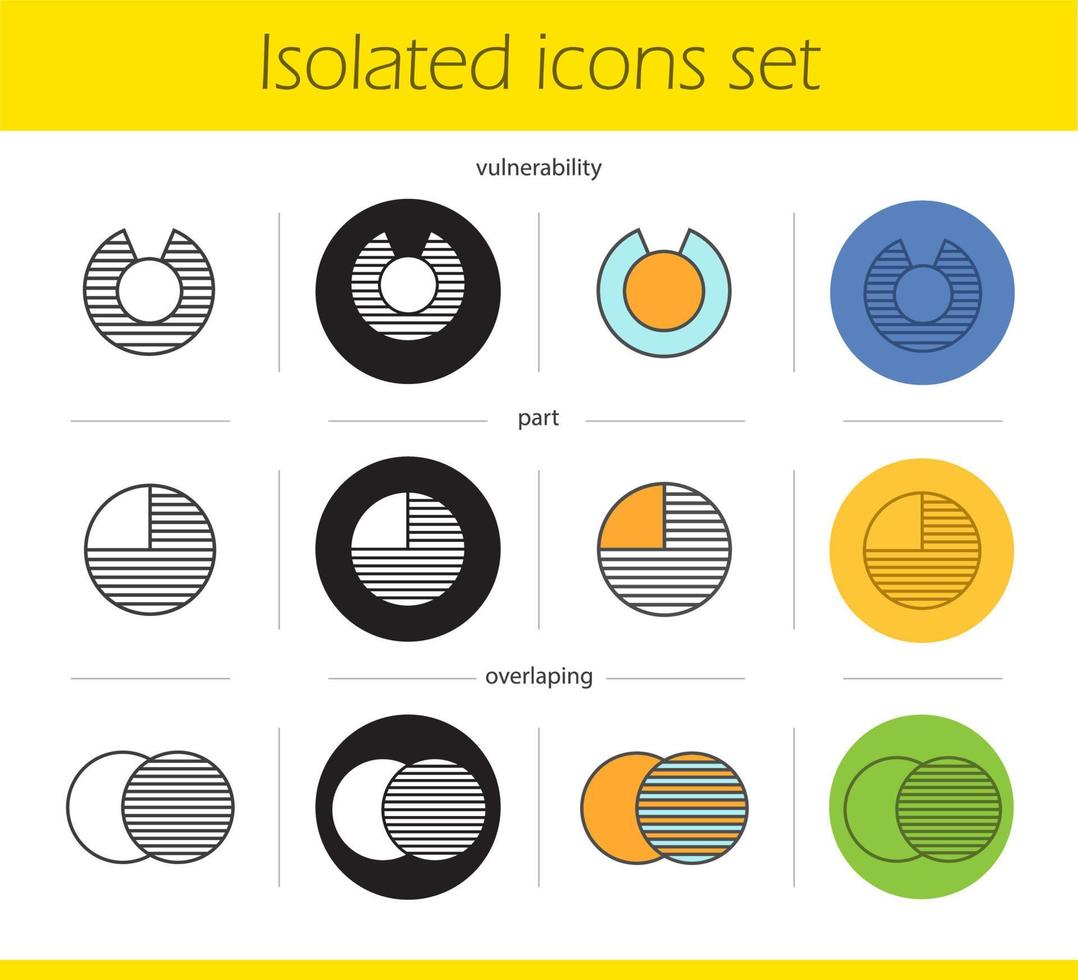 abstrakte Symbole Icons Set. lineare, schwarze und farbige Stile. überlappende, partielle, Schwachstellenkonzepte. isolierte vektorillustrationen vektor