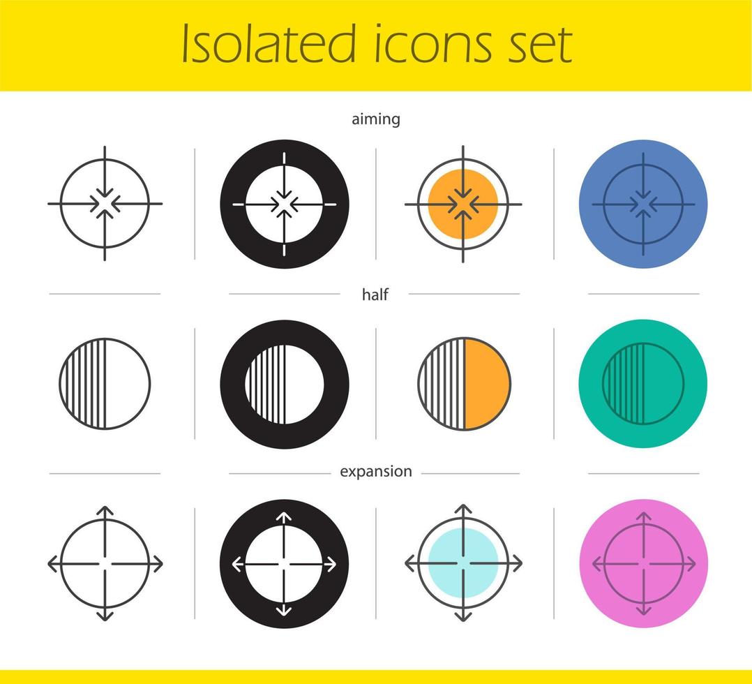 abstrakte Symbole Icons Set. lineare, schwarze und farbige Stile. Zielen, Expansion, halbe Symbole. Piktogramme für Wissenschaft und Wirtschaft. isolierte vektorillustrationen vektor