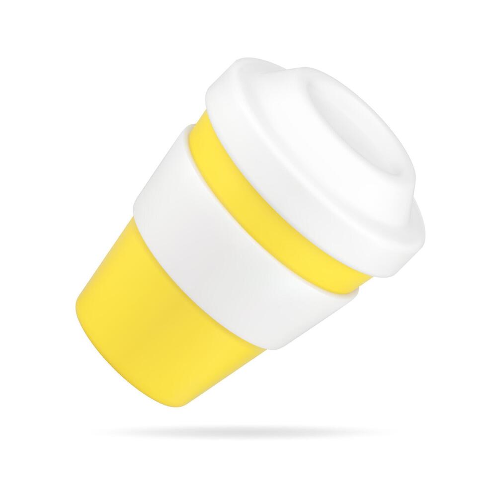 Karton Tasse zum trinken 3d Symbol. Gelb ökologisch Container mit Weiß Deckel vektor
