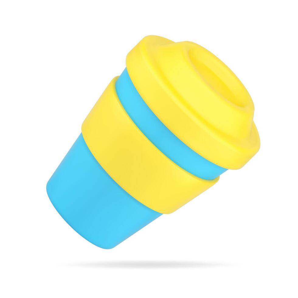 Plastik Tasse zum trinken 3d Symbol. Blau Karton Container mit Gelb Deckel und Rand vektor