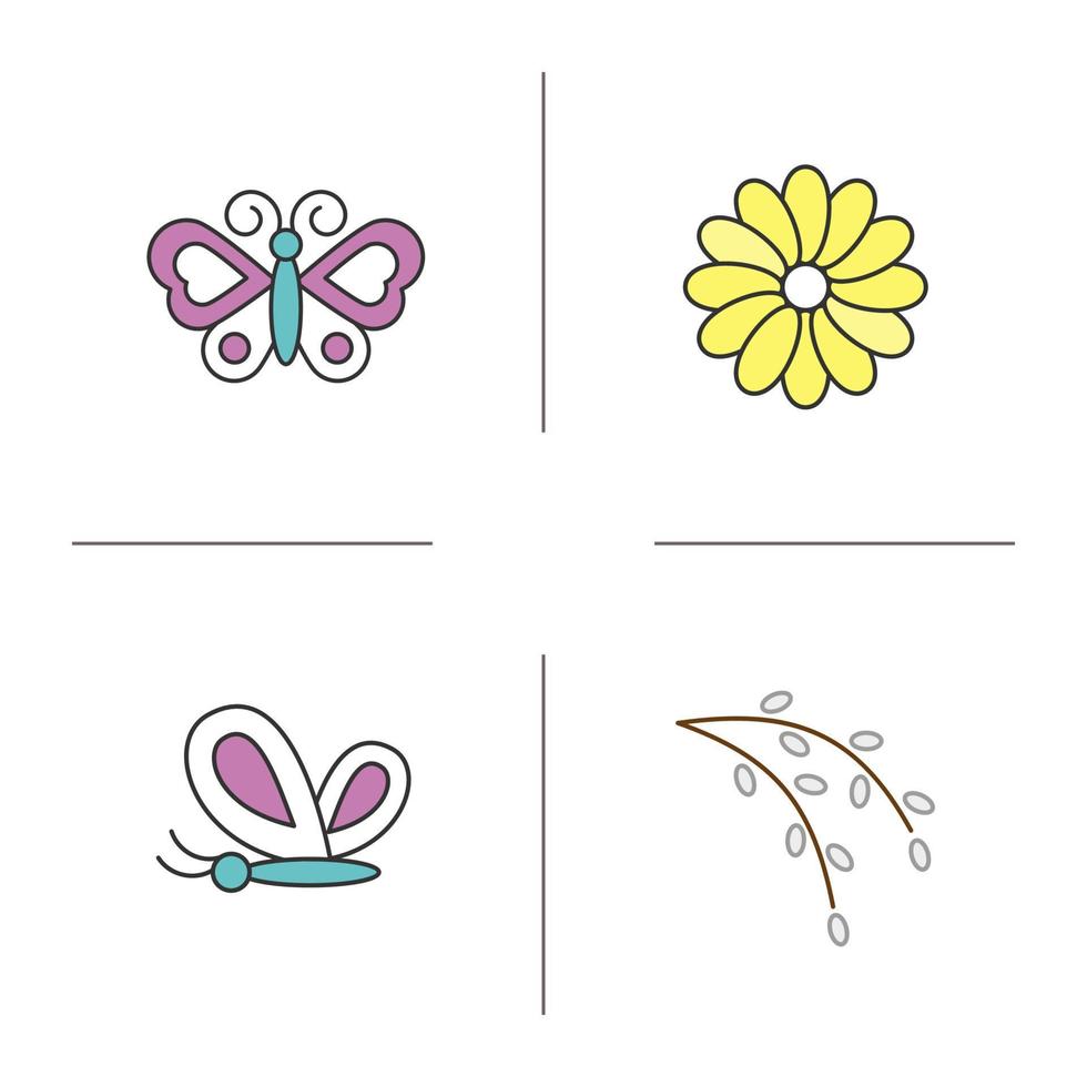 våren färg ikoner set. fjärilar, asterblomma, pilblom. natur. isolerade vektorillustrationer vektor
