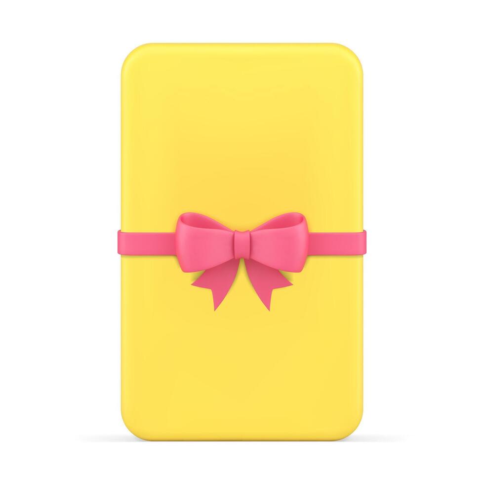 romantisch Gelb Geschenk Karte Vertikale schlank Paket mit Rosa glänzend Bogen Band realistisch 3d Symbol vektor