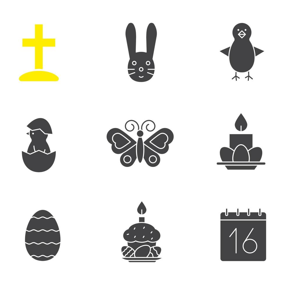 Ostern-Glyphe-Symbole gesetzt. 16. April Silhouette Symbole. Kreuz auf dem Hügel, neugeborenes Huhn in Eierschale, Osterhase, Eier mit Kuchen und Kerzen, Kalender, Schmetterling. isolierte Vektorgrafik vektor