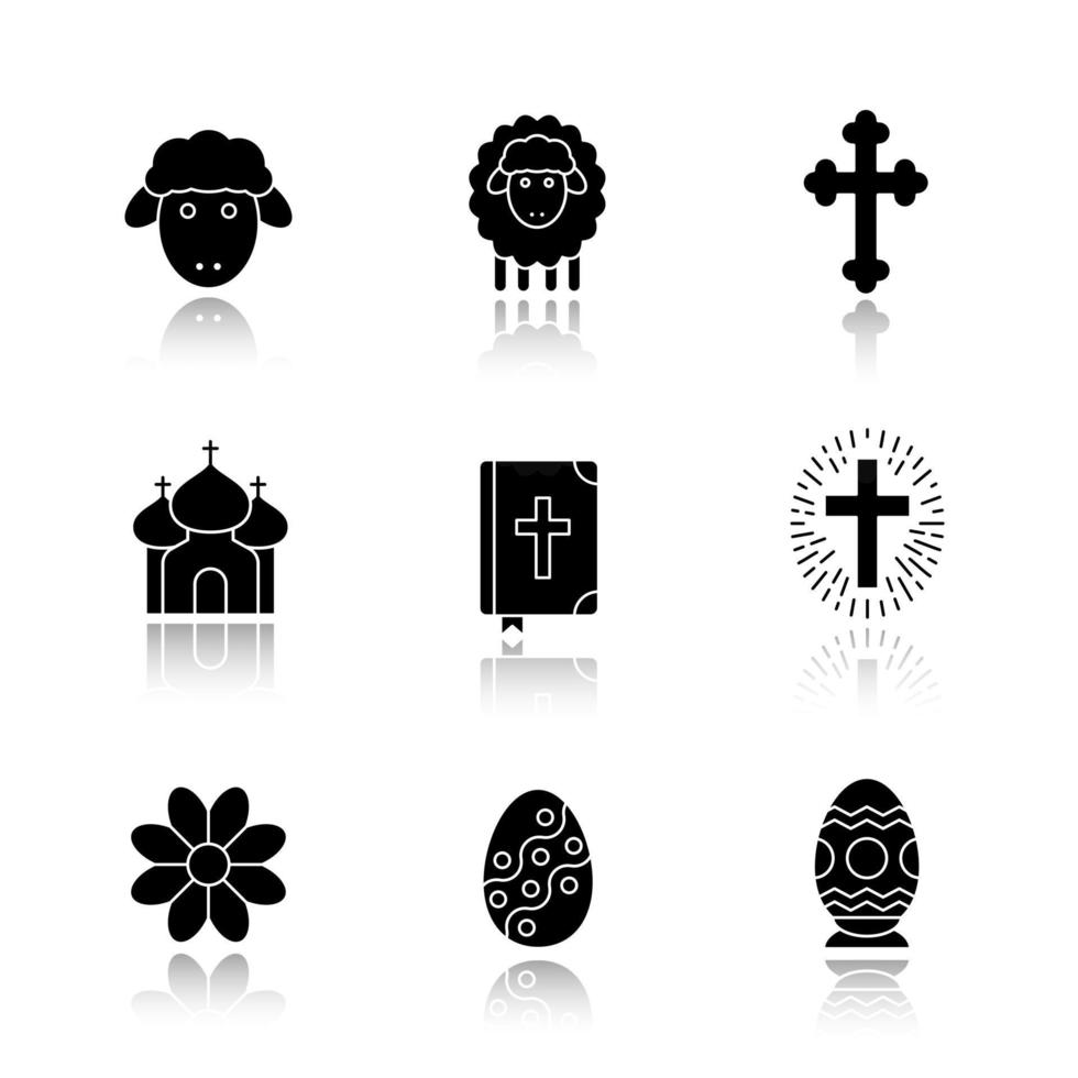 Ostern Schlagschatten schwarze Symbole gesetzt. Blume, Kirche, Bibel, Ostereier, Lämmer und Kreuz, Kruzifix. isolierte vektorillustrationen vektor