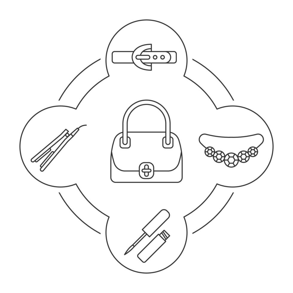 kvinnors tillbehör innehåll linjära ikoner set. handväska, läppglans, plattång, läderbälte. halsband. isolerade vektorillustrationer vektor