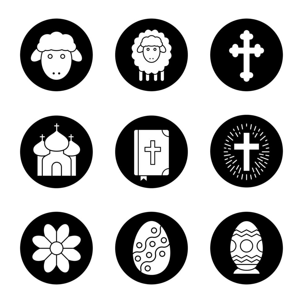 Ostern-Symbole gesetzt. Blume, Kirche, christliches Kruzifix, Bibel, Ostereier, Lämmer und Kreuz. Vektorgrafiken von weißen Silhouetten in schwarzen Kreisen vektor
