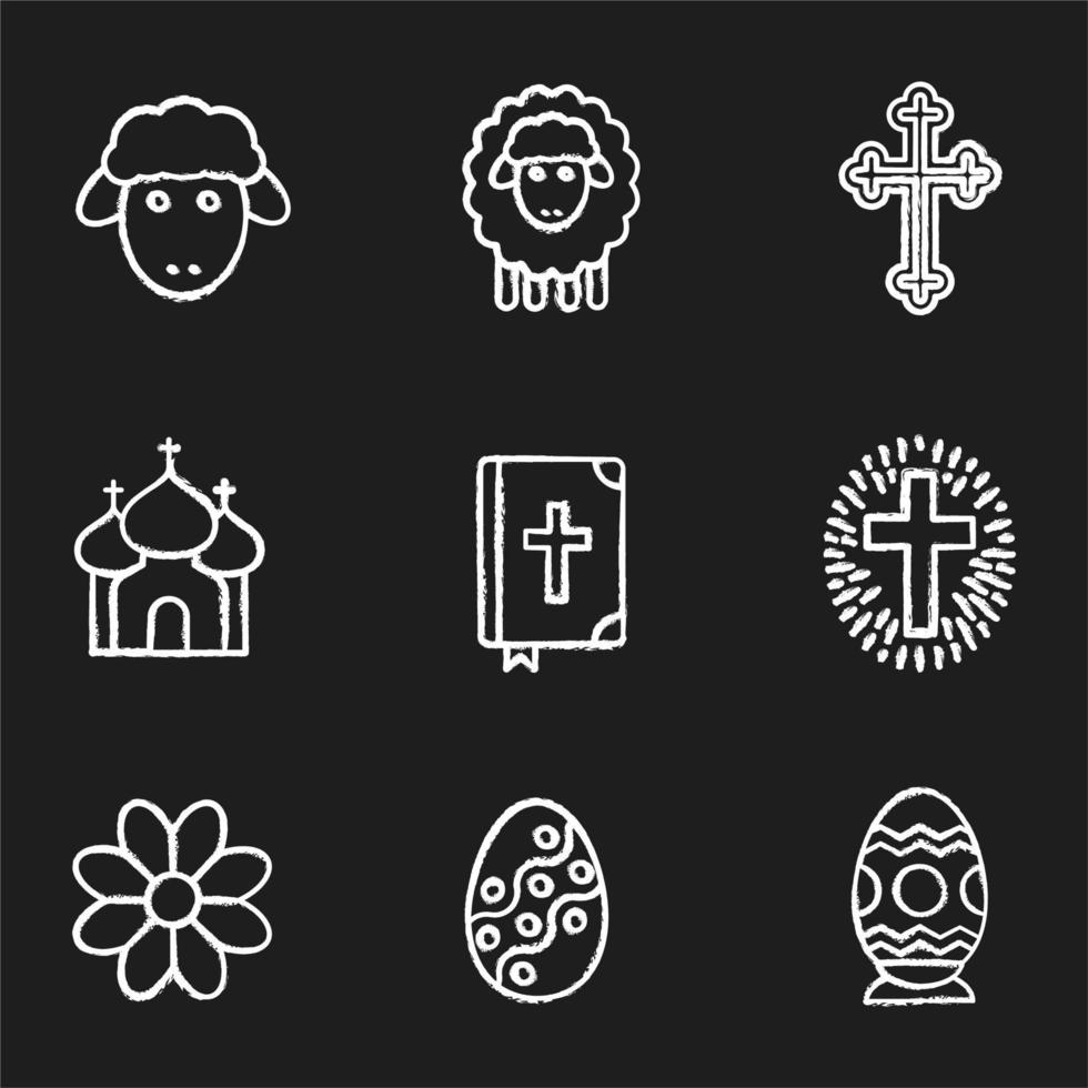 Osterkreide-Icons gesetzt. Blume, Kirche, Bibel, Ostereier, Lämmer und Kreuz, Kruzifix. isolierte tafel Vektorgrafiken vektor