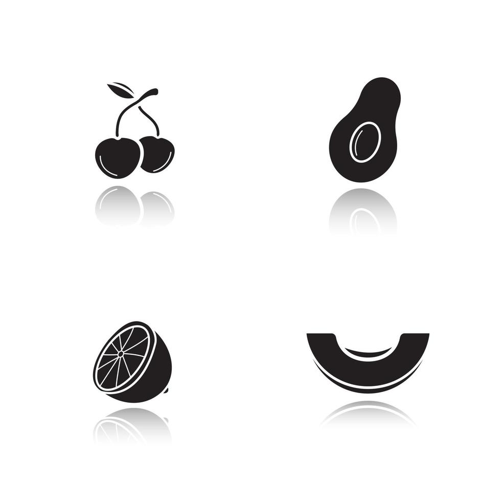 Obst Schlagschatten schwarze Symbole gesetzt. Beeren, Avocado, Zitrone, Melone. isolierte vektorillustrationen vektor