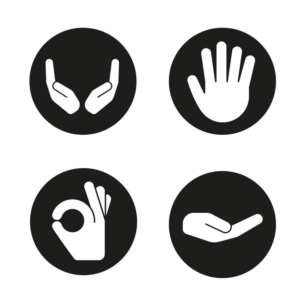 Handgesten-Symbole gesetzt. Betteln und hohle Hände, Handfläche, ok Geste. Vektorgrafiken von weißen Silhouetten in schwarzen Kreisen vektor