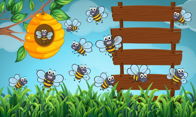 Många bin som flyger i trädgården med skyltar vektor