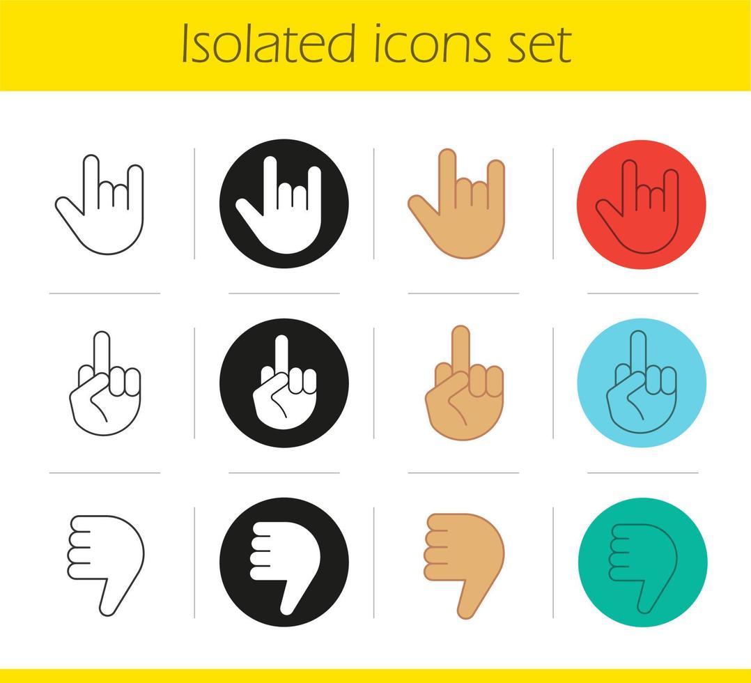 handgester ikoner set. linjära, svarta och färgstilar. ogillar, heavy metal, långfinger upp. isolerade vektorillustrationer vektor
