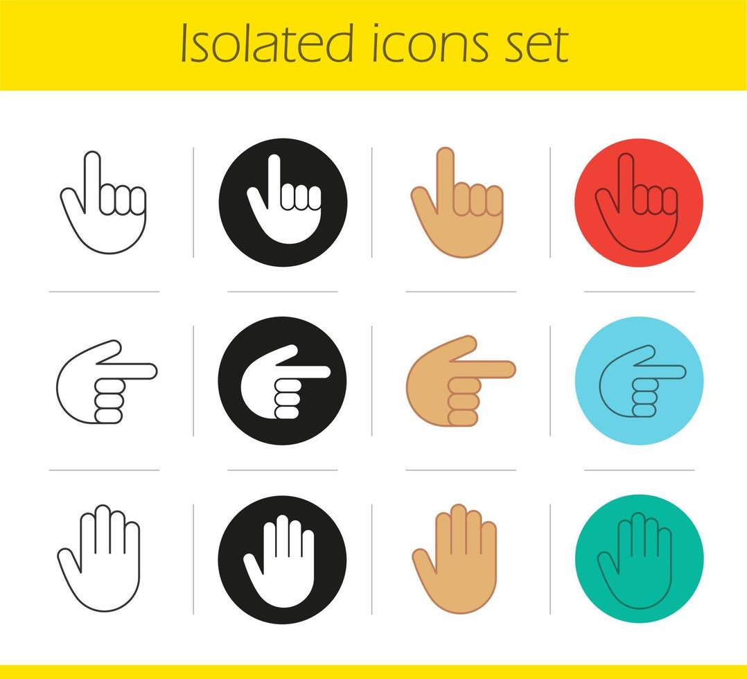 handgester ikoner set. linjära, svarta och färgstilar. handflata, uppåt och höger riktning. isolerade vektorillustrationer vektor