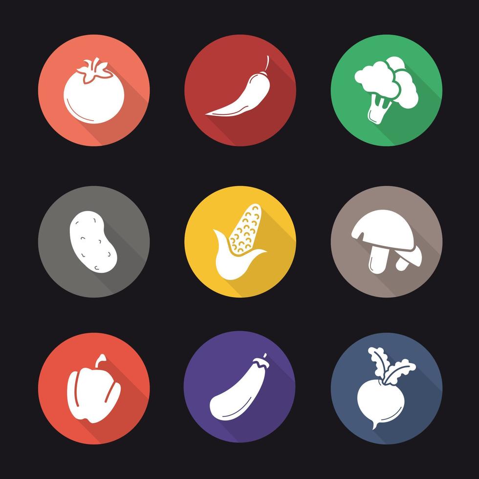 grönsaker platt design lång skugga ikoner set. tomat, röd chilipeppar, broccoli, potatis, majs, svamp, paprika, aubergine, betor. vektor siluett illustration