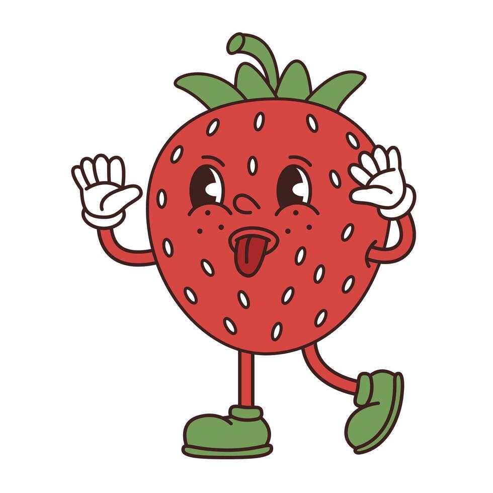 retro groovig komisch Charakter Erdbeere. frech rot Obst ist Grimassen schneiden. eben Illustration isoliert. vektor
