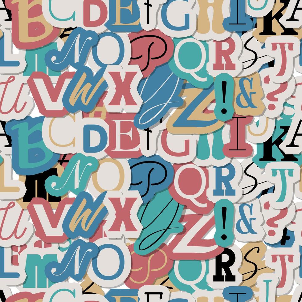 Tagebuch Schnitt Briefe nahtlos Muster. Jahrgang bunt Alphabet Briefe gemacht von Zeitung Zeitschrift Schriftart Art Typografie Hinweis Hintergrund. Design. vektor