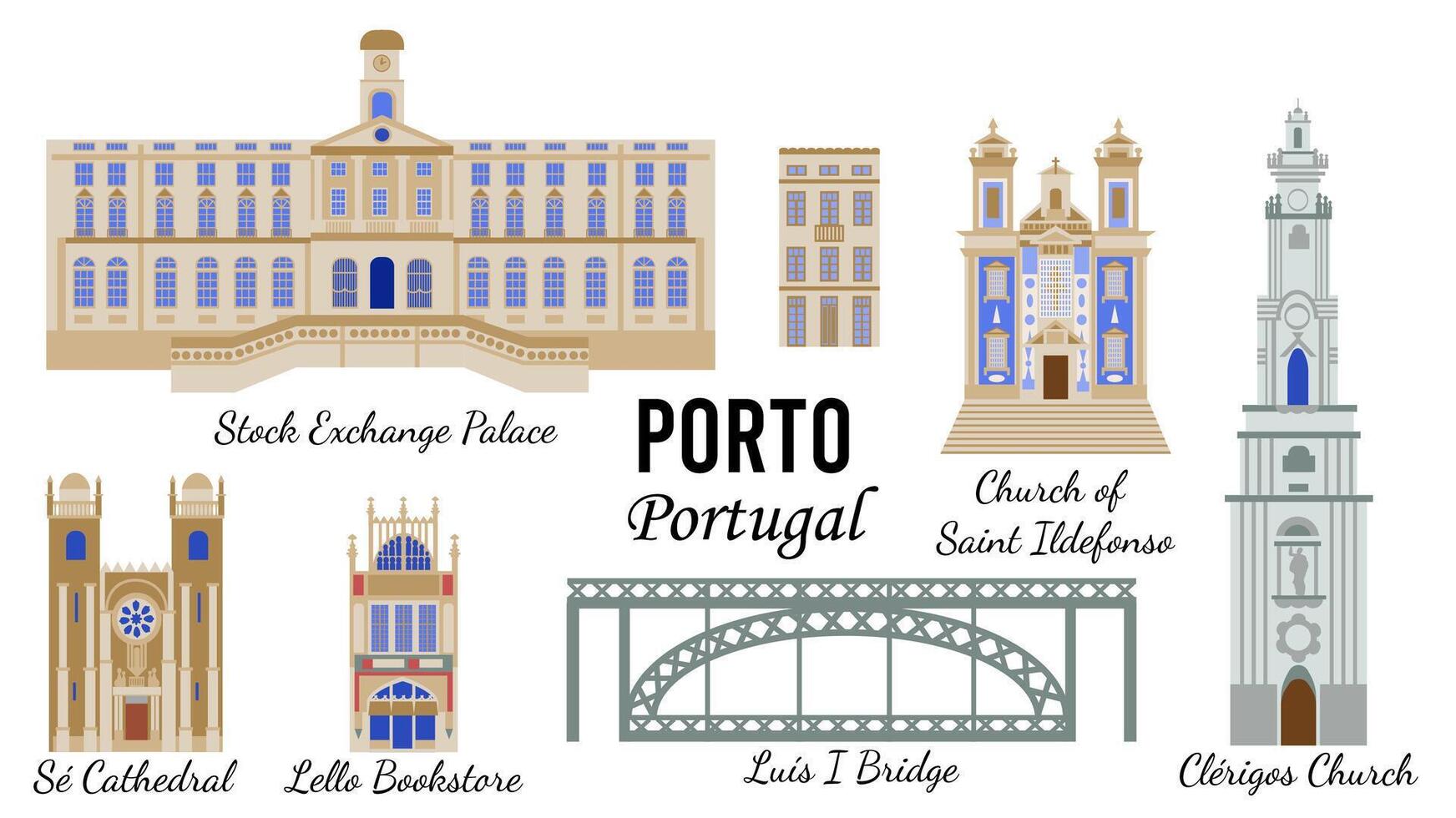 Sehenswürdigkeiten von porto Portugal flach Illustration zum Entwerfen Souvenir Postkarten. vektor