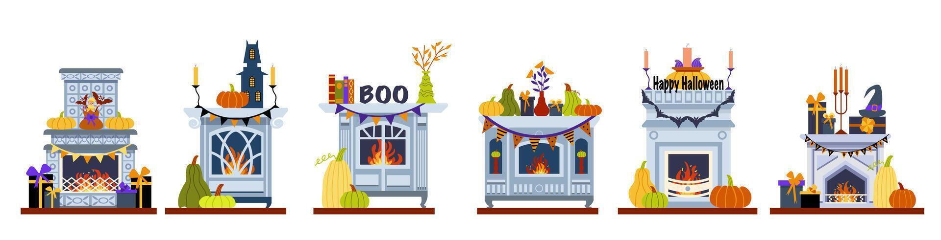 Halloween-Stil Innere. Sammlung von gemütlich Kamine dekoriert zum das Herbst Halloween Urlaub. Illustration im ein eben Karikatur Stil. vektor