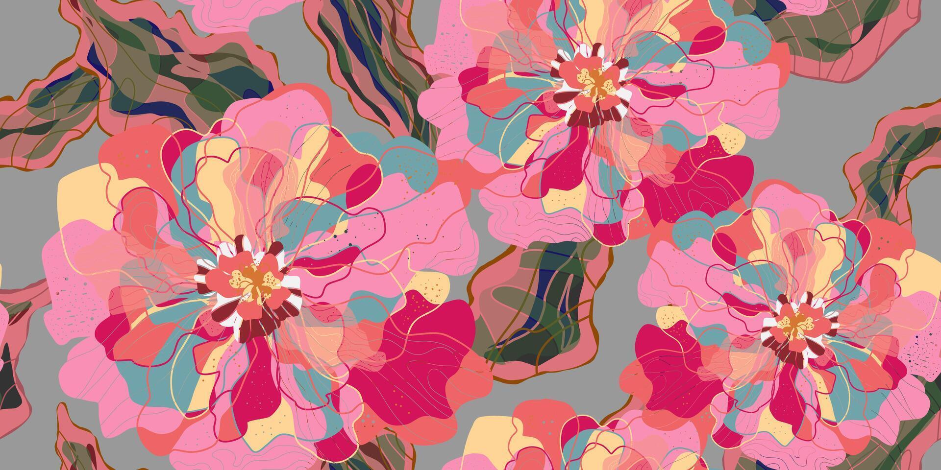 ein Muster mit Rosa und Blau Blumen auf ein grau Hintergrund vektor