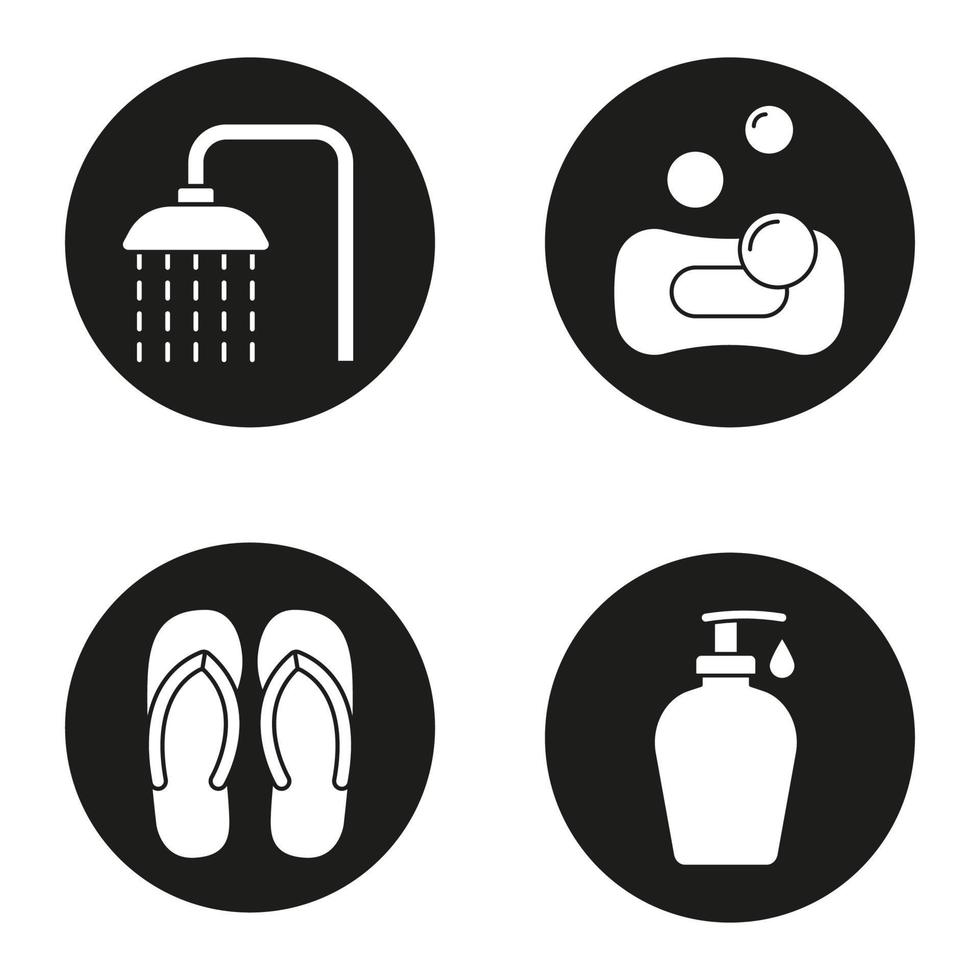 Spa-Salon-Icons gesetzt. Spa-Salondusche, Flip-Flops, Schwamm mit Blasen, Duschgel mit Tropfen. Vektorgrafiken von weißen Silhouetten in schwarzen Kreisen vektor