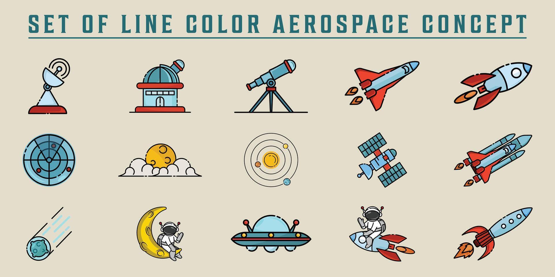 uppsättning av flyg- ikon linje Färg illustration mall grafisk design. bunt samling av olika astronomi tecken eller symbol för framtida teknologi astrologi vektor