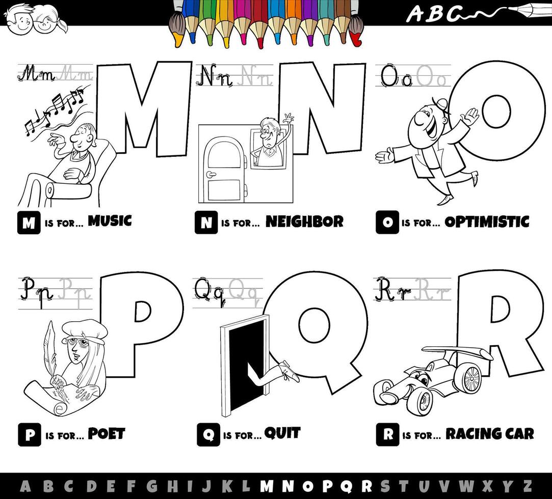 pädagogisches alphabet buchstaben cartoon set von m bis r farbseite vektor