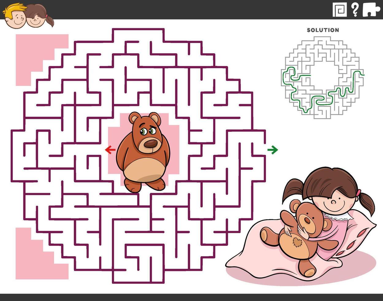 labyrint spel med tecknad serie liten flicka och teddy Björn vektor