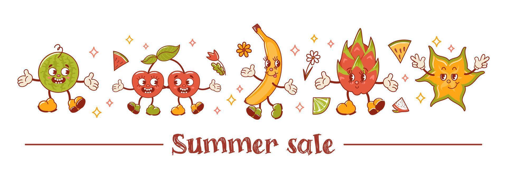 Sommer- Verkauf. tropisch exotisch Früchte. alt retro Karikatur Figuren. groovig. Banane, Wassermelone, Kirsche, Pitahaya, Star Frucht. horizontal Banner im Jahrgang Stil. zum Werbung, Webseite, Poster, Flyer vektor