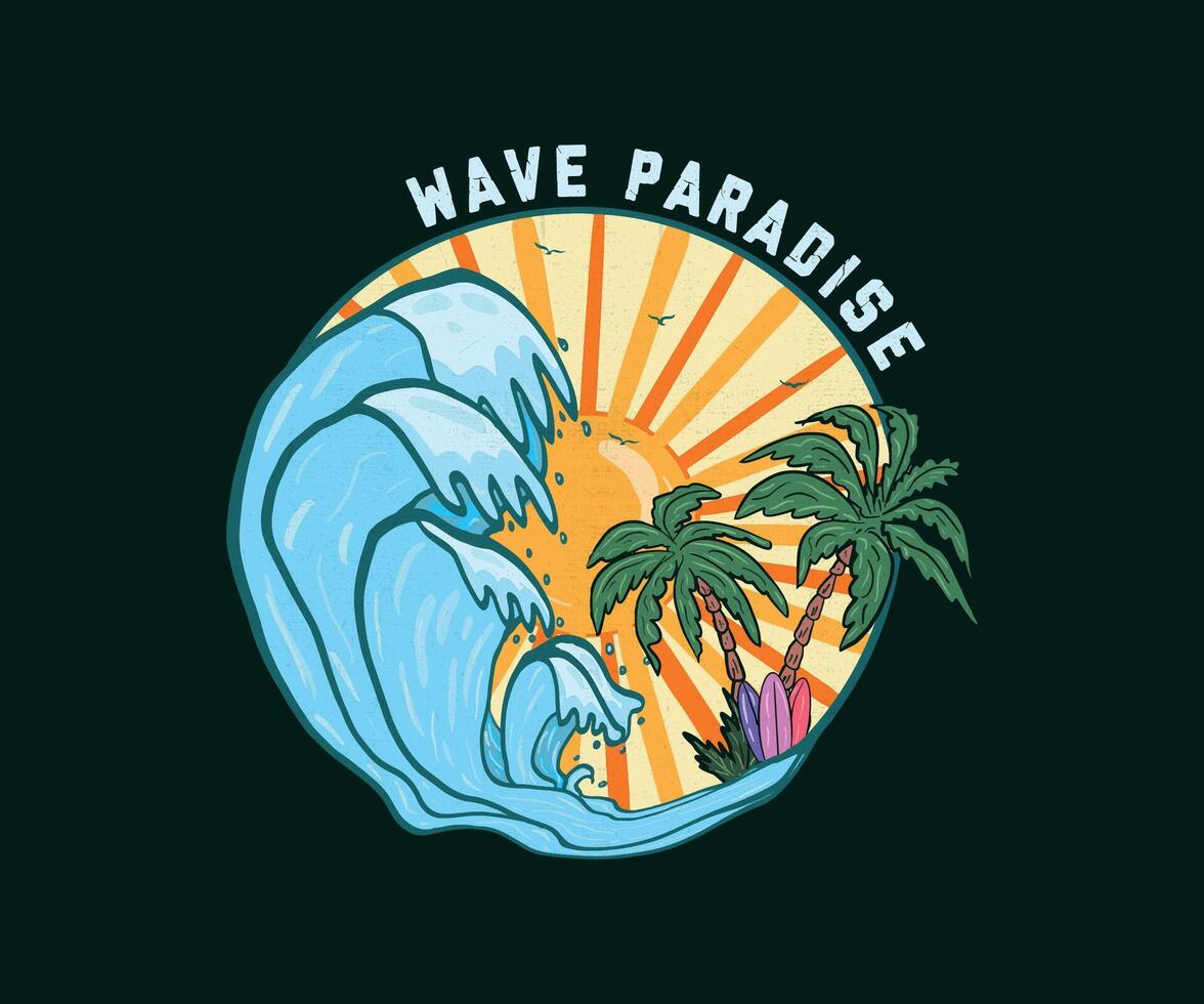 Vinka paradis surfing paradis t skjorta design. handflatan träd med sommar slogan på strand solnedgång bakgrund illustration. Vinka sommar strand paradis. vektor