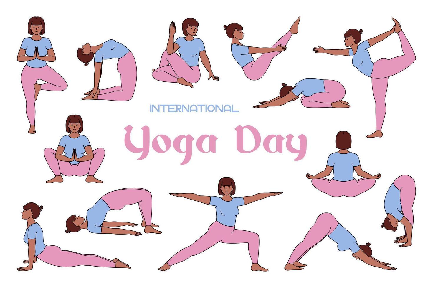 flickor prestera yoga poser och övningar för hälsa och avslappning. internationell yoga dag ikoner i platt stil. illustration isolerat på vit bakgrund. vektor