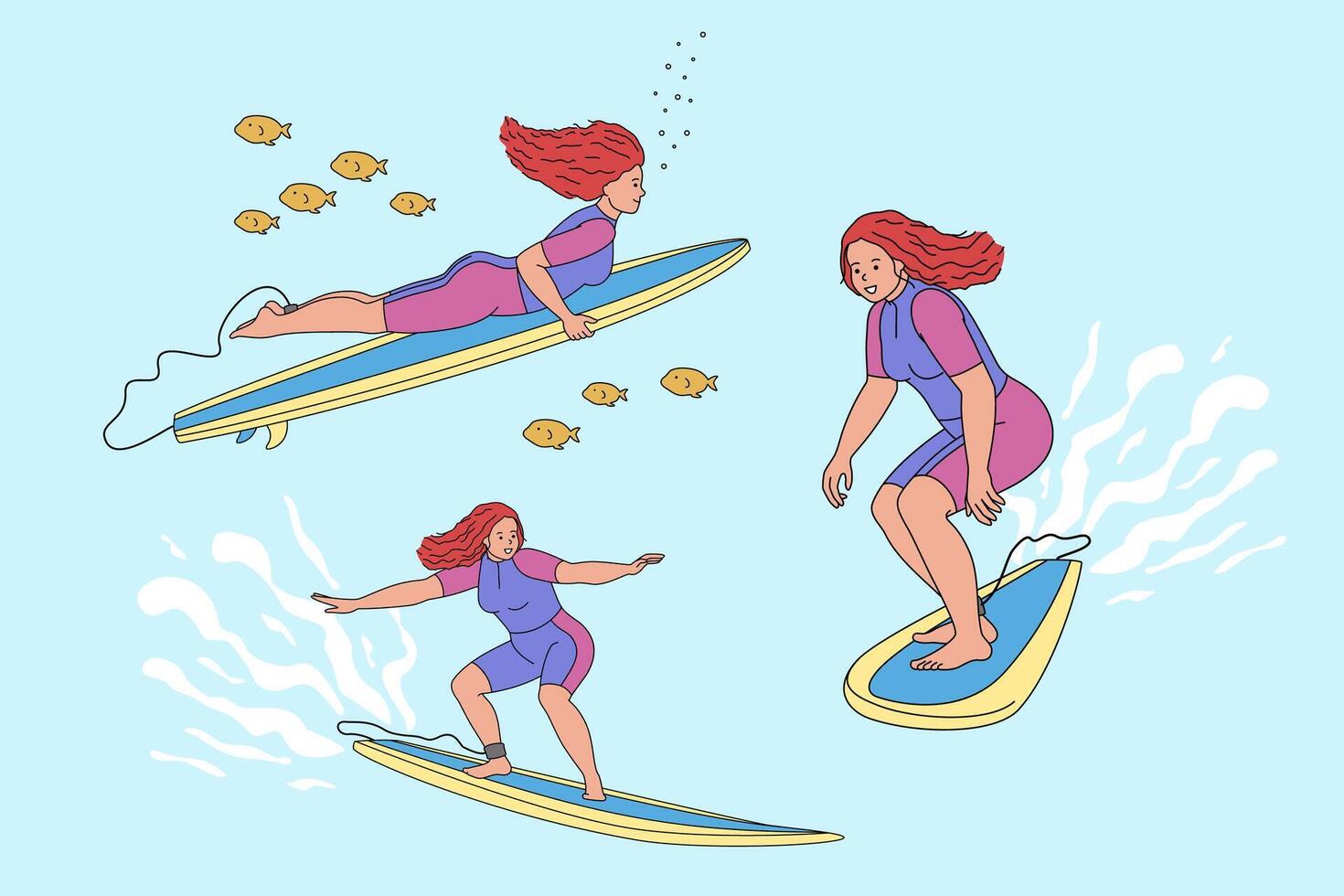 Sportlerinnen auf ein Surfbrett im anders Symbol Posen. ein Mädchen Surfer fängt ein Welle auf ihr Tafel. Wasser Sport. balancieren beim Meer. Illustration isoliert auf Blau Hintergrund im eben Stil. vektor