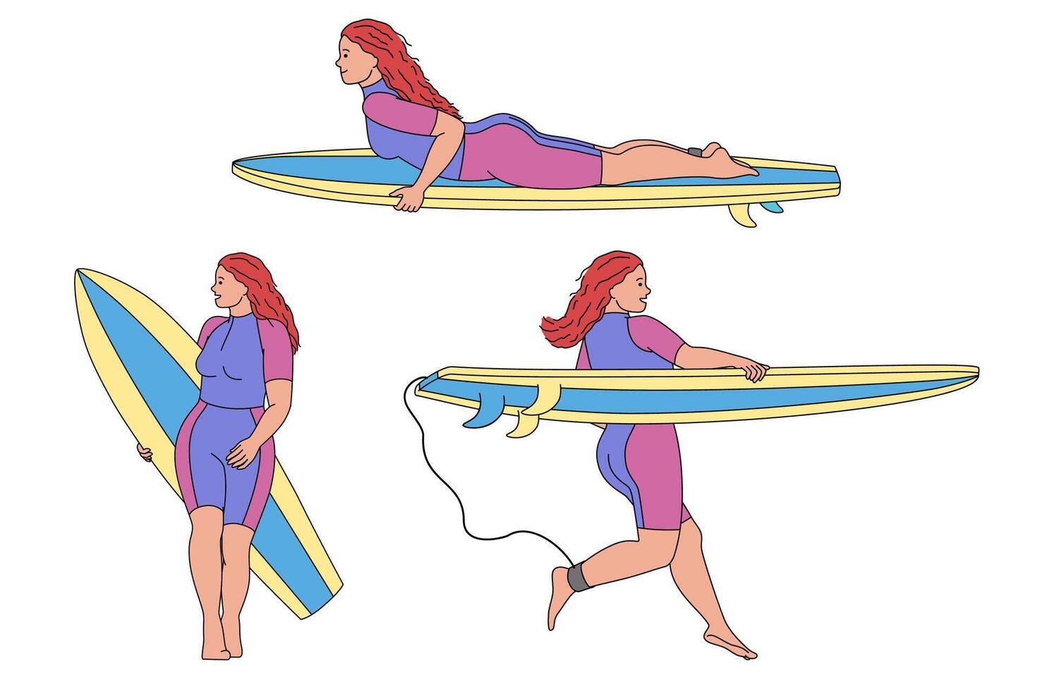 idrottskvinnor på en surfingbräda i annorlunda poserar. en surfare flicka kör med henne styrelse. vatten sporter. illustration isolerat på vit bakgrund i platt stil. vektor