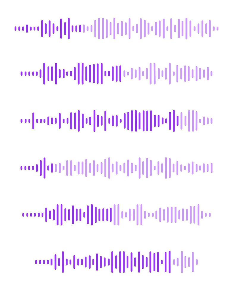 Klang Welle Symbole. Stimme Botschaft Zeichen. Audio- Datei Piktogramme. aufzeichnen, Impuls oder Voicemail Symbole isoliert auf Weiß Hintergrund. Elemente von online Bote, Radio, Podcast Handy, Mobiltelefon App Schnittstelle vektor