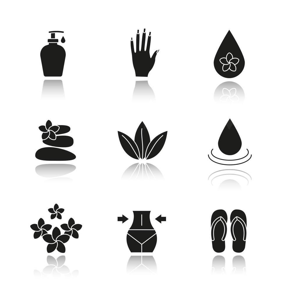 Spa-Salon Schlagschatten schwarze Symbole gesetzt. Aromaöltropfen, Creme, Frauenhand mit Maniküre, Steinmassage, lose Blätter, Blumen, Gewichtsverlust, Flip-Flops. isolierte vektorillustrationen vektor