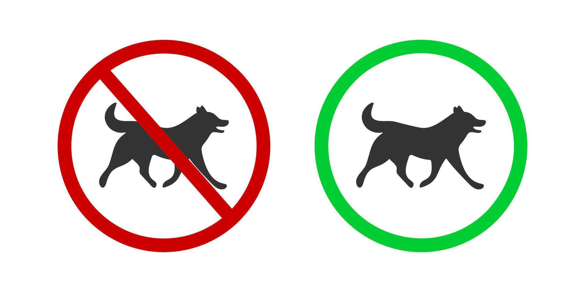 hundar förbjuden och tillåten ikon. husdjur gående förbjuda och vänlig zon piktogram. hund silhuett i röd förbjuden och grön godkänd tecken vektor