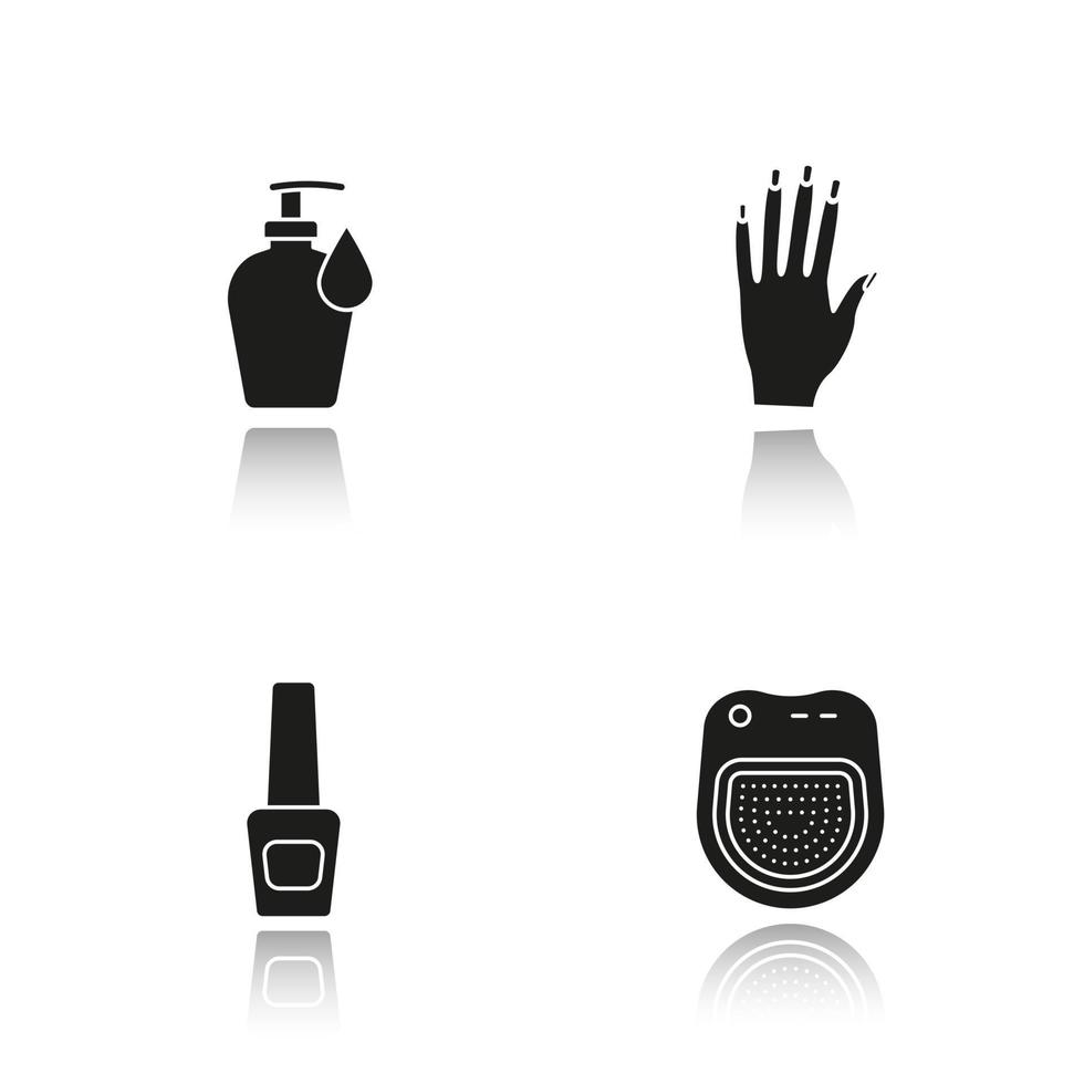 Maniküre Schlagschatten schwarze Symbole gesetzt. Frauenhand mit Maniküre, Nagellackflasche, Lotion mit Tropfen, Spa-Salon-Manikürebad. isolierte vektorillustrationen vektor