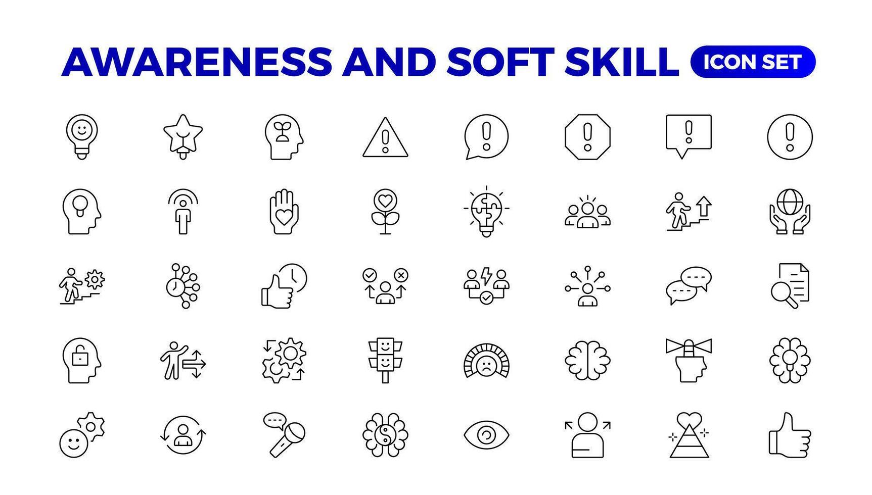 uppsättning av själv medvetenhet ikoner. tunn linjär stil ikoner packa. illustration. volontär uppsättning. översikt uppsättning volontär ikon. mjuk Kompetens ikon som innehåller kommunikation, empati, självsäkerhet. vektor
