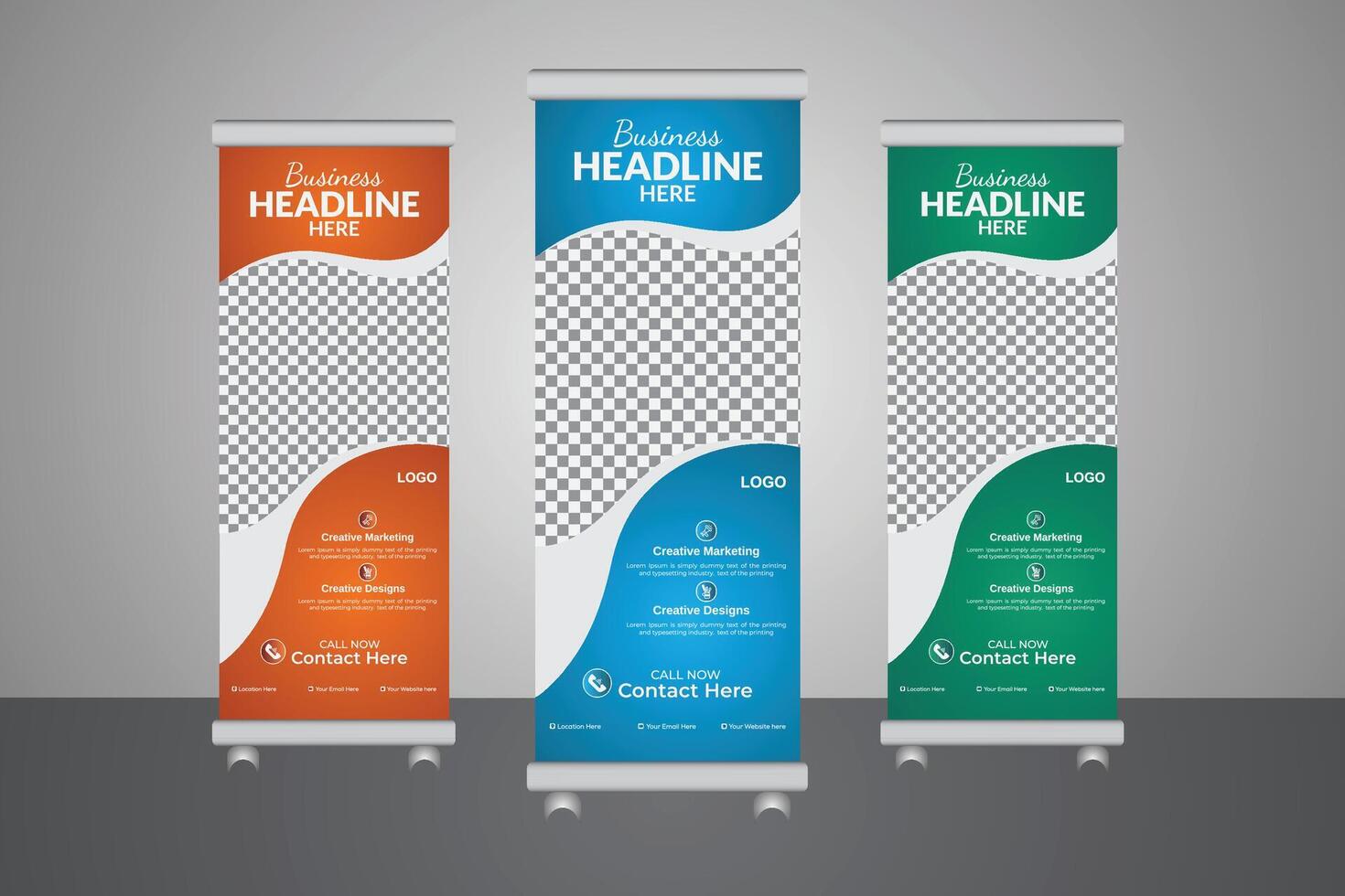 aufrollen Banner Stand Vorlage Design, drei Gradient bunt Layout, Klimmzug Banner, Geschäft Flyer, Anzeige, X-Banner, Flaggenbanner, Infografiken, Präsentation, und Polygon Hintergrund vektor