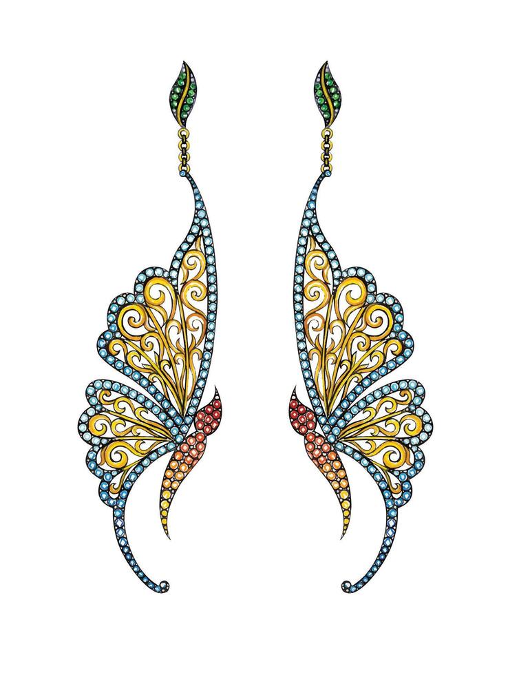 Schmuck Design Jahrgang Kunst Schmetterling Ohrringe skizzieren durch Hand Zeichnung. vektor