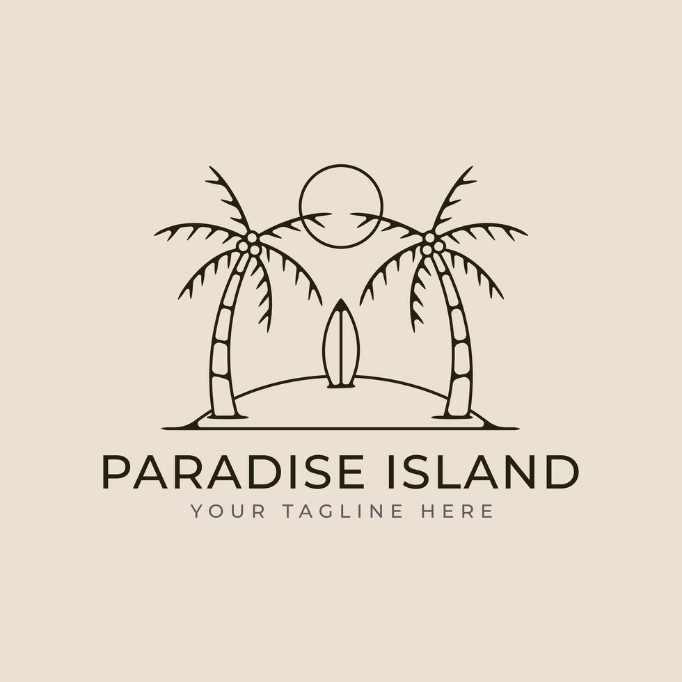 paradis strand logotyp linje konst med surfa styrelse, ö illustration minimalistisk mall design. vektor