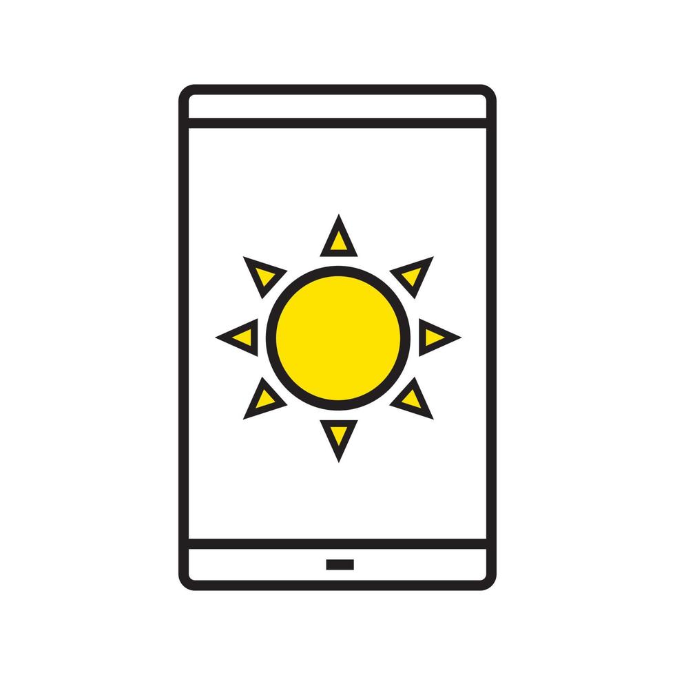 Lineares Symbol für die Solarladung des Smartphones. dünne Linie Abbildung. Wettervorhersage-App. Smartphone mit Sonnenkontursymbol. Vektor isolierte Umrisszeichnung