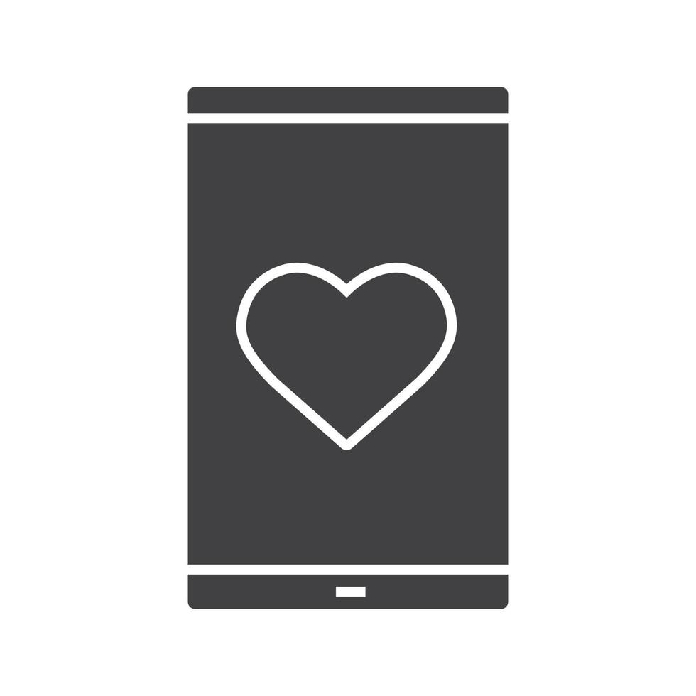 Smartphone-Dating-App-Glyphe-Symbol. Silhouette-Symbol. Smartphone mit Herzform. negativen Raum. isolierte Vektorgrafik vektor