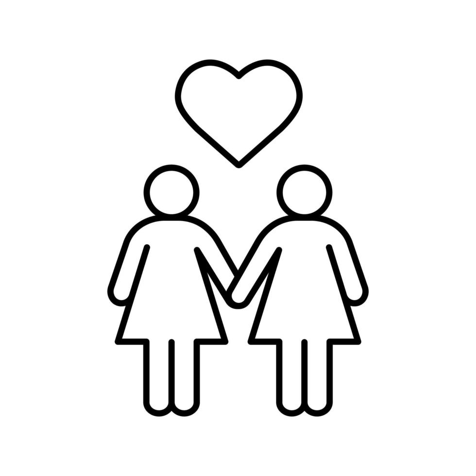 lesbisches Paar lineares Symbol. dünne Linie Abbildung. lesbische Mädchen mit Herzform über dem Kontursymbol. Vektor isolierte Umrisszeichnung