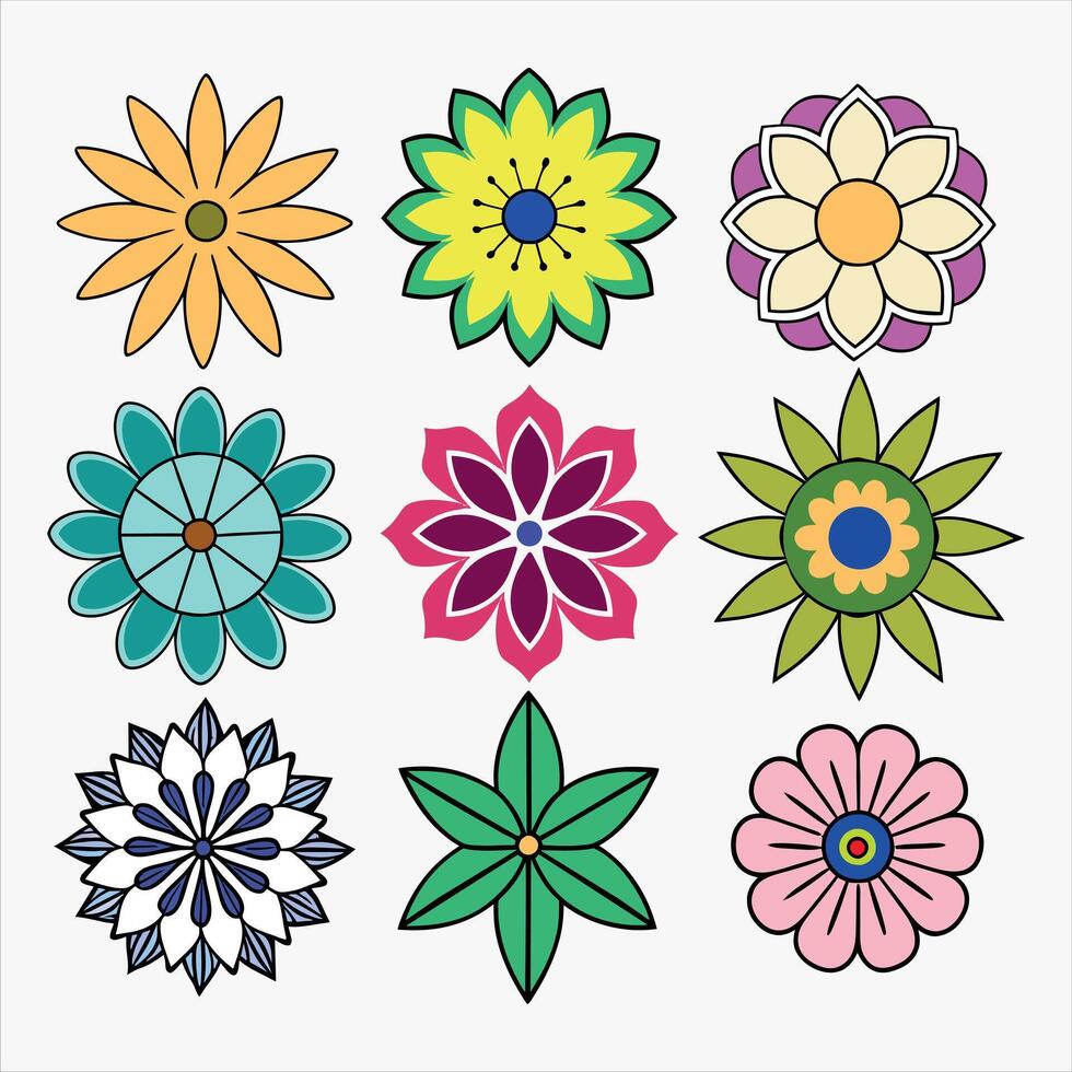 ein einstellen von neun anders Blumen von verschiedene Formen und Größen. jeder Blume hat ein deutlich Muster und Farbe. vektor