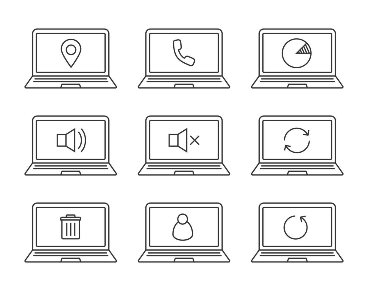 bärbara datorer linjära ikoner set. bärbara datorer med GPS-pinpoint, användare, papperskorgen, ladda om pilar, mute på och av, statistik, telefon. tunn linje kontur symboler. isolerade vektorillustrationer vektor