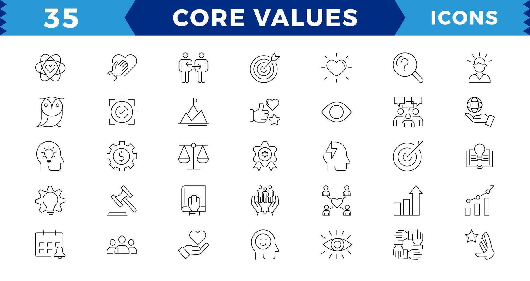 enkel pixel perfekt uppsättning av kärna värden, mål och mål relaterad linje ikoner. innehåller tunn ikoner som prestation, vilja till vinna, empati, syfte, motivering och Mer. redigerbar stroke vektor