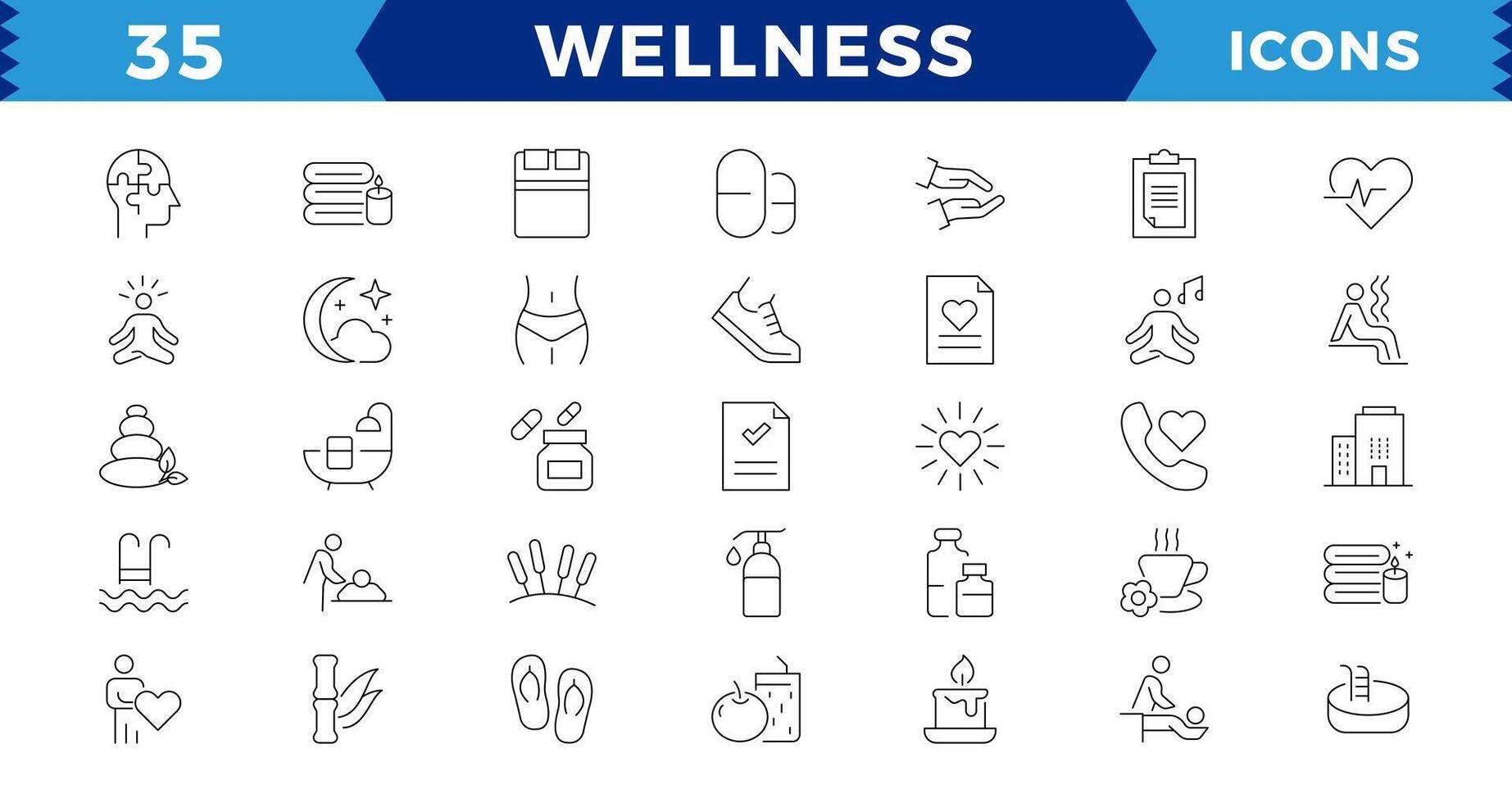 Pixel perfekt Wellness Symbol Satz. enthält Massage, Yoga, Entspannung, Gesundheitspflege, Kosmetika, Spa, medizinisch. Gliederung Symbol Sammlung. Meditation, Aromatherapie, editierbar Schlaganfall Symbole. vektor