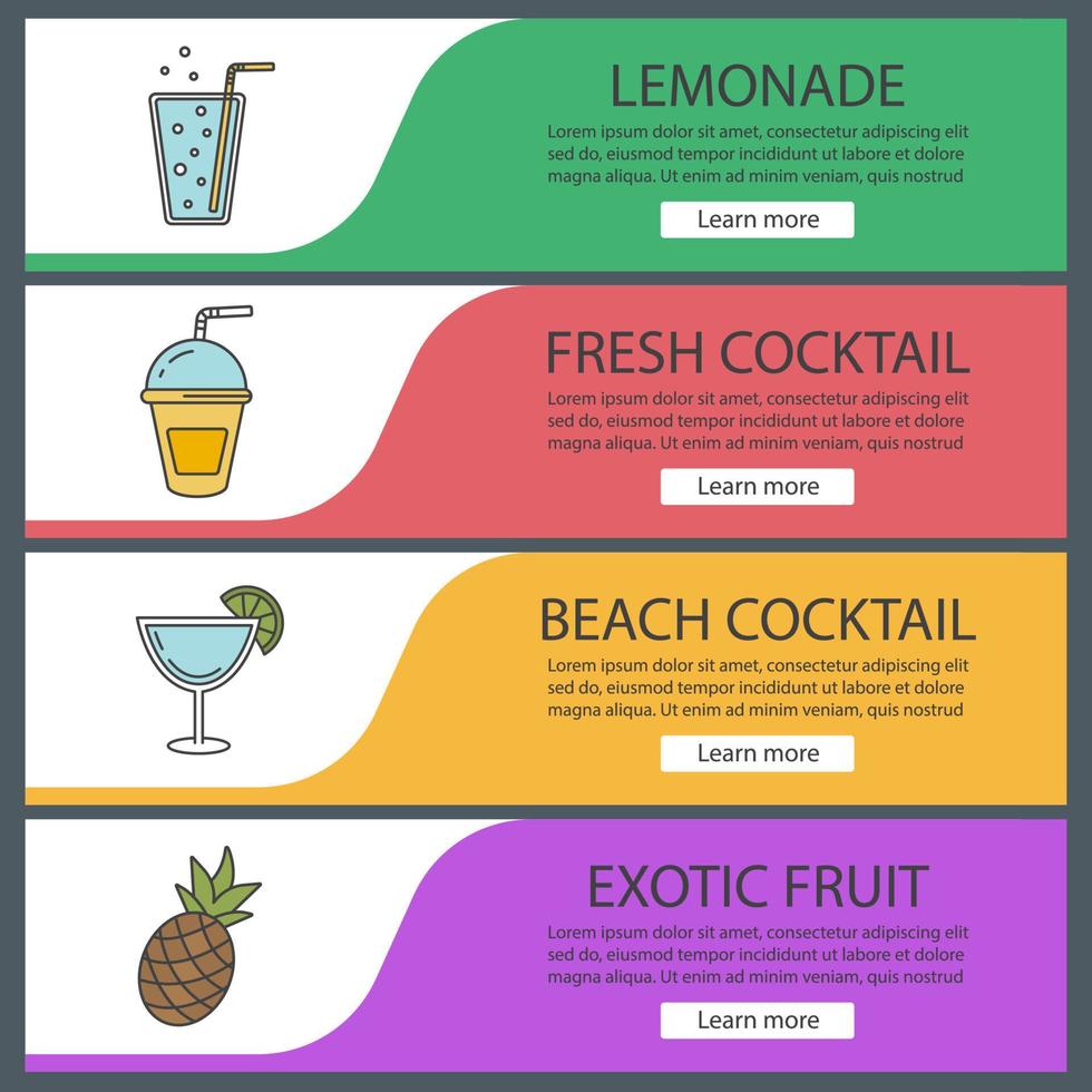 erfrischende Getränke-Banner-Vorlagen eingestellt. Limonade, Cocktails, Ananas. Menüpunkte der Bar- und Restaurant-Website. farbiges Webbanner. Designkonzepte für Vektorheader vektor