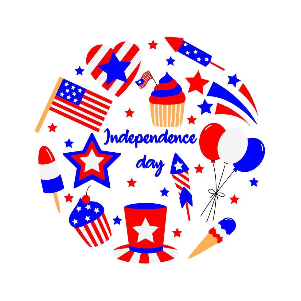 4 .. von Juli USA Unabhängigkeit Tag Karte. Niedlich, einfach, Hand gezeichnet eben Karikatur Stil. Grafik im amerikanisch Flagge. vektor